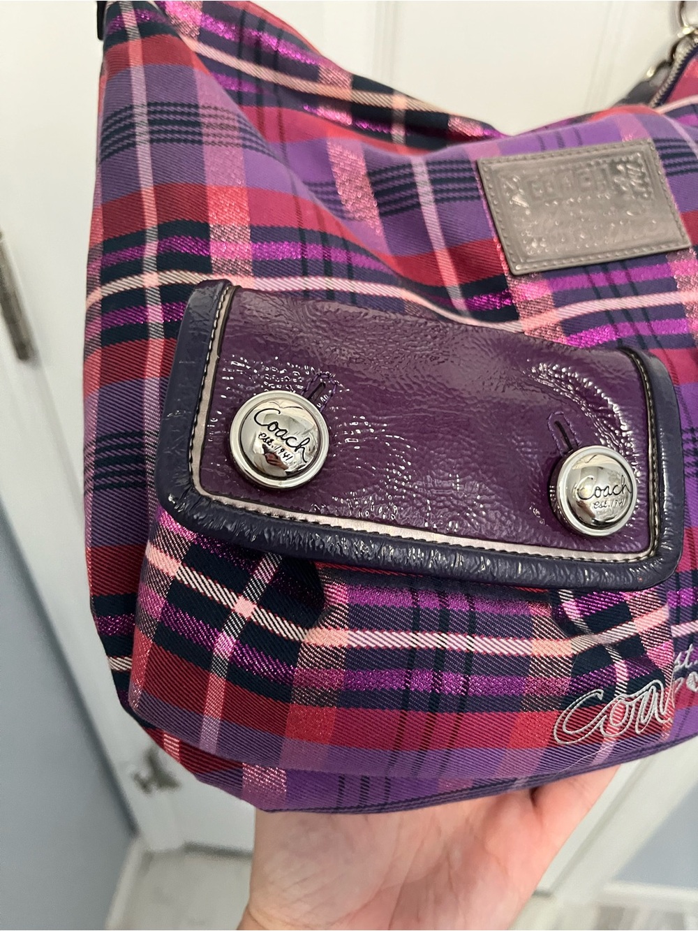 Coach Poppy Tartan Plaid Crossbody Hobo Purple Hangtags #16120 Silver Y2K - Picture 5 of 17